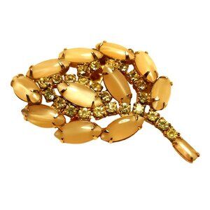 Vintage Gold-Tone Leaf Brooch Rhinestones Beige Cats Eyes Accents Pin Jewelry